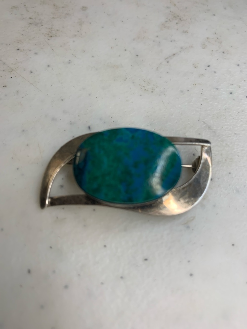 Sterling Silver Tone Brooch with Blue-Green Oval Stone